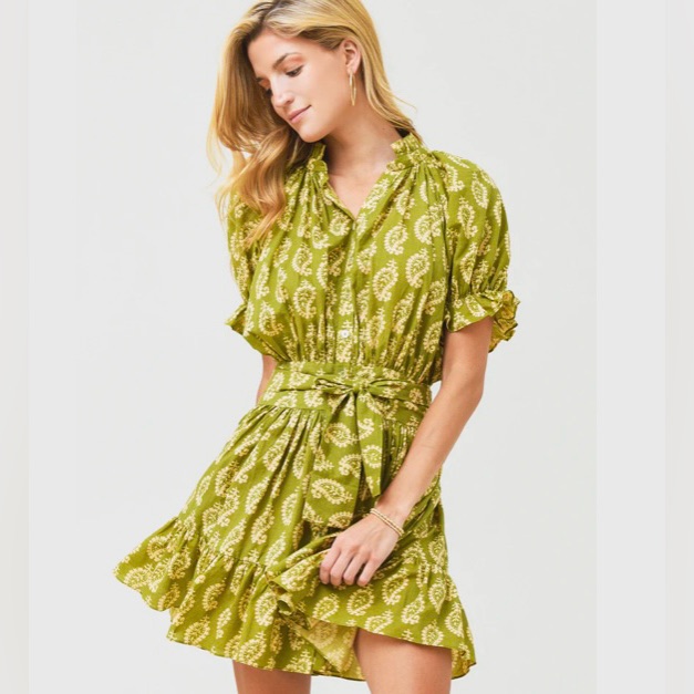 Charina Sarte Spade Mini Dress Green Block Print Organic Cotton Size L